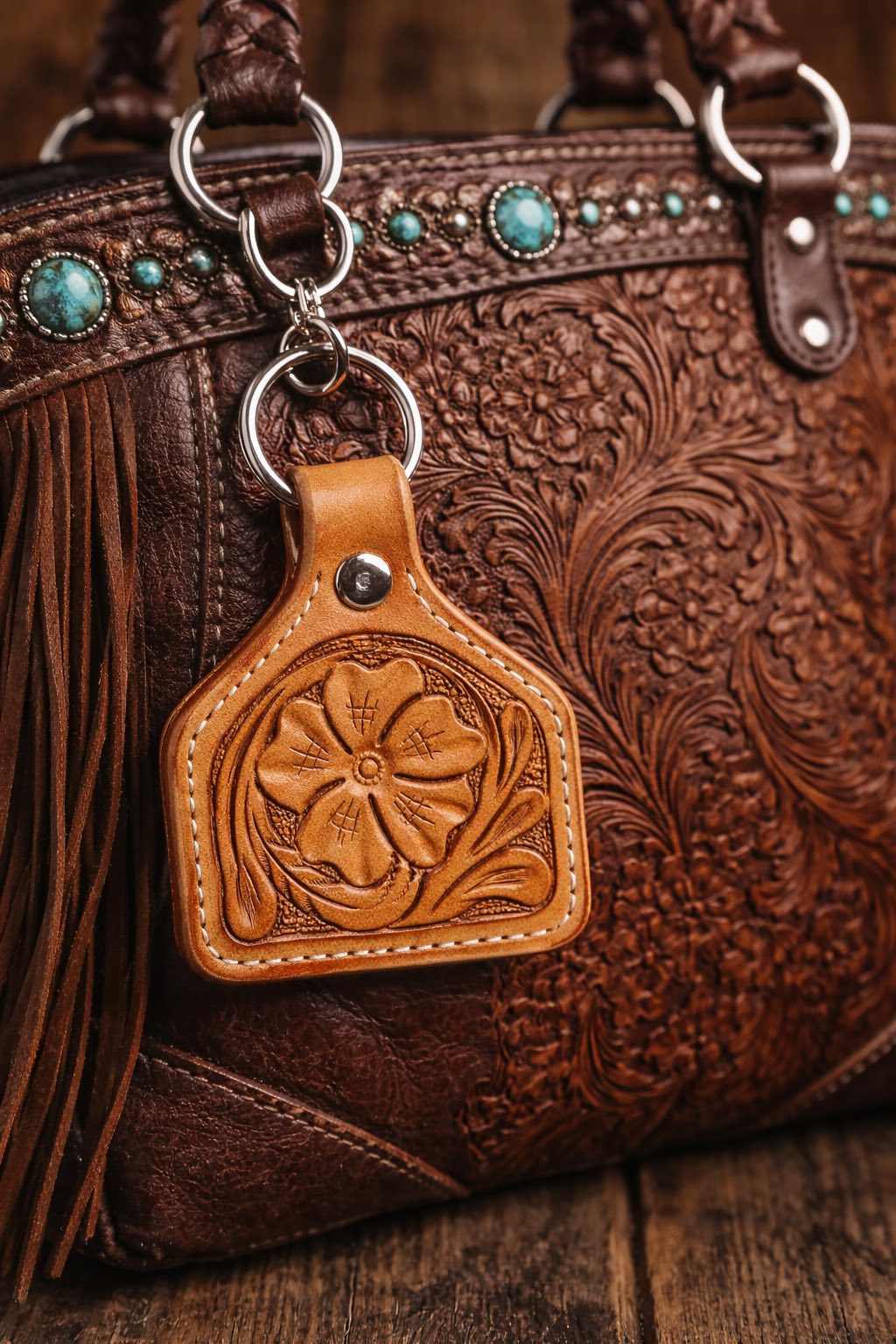 Flower Hand-Carved Leather Keychain