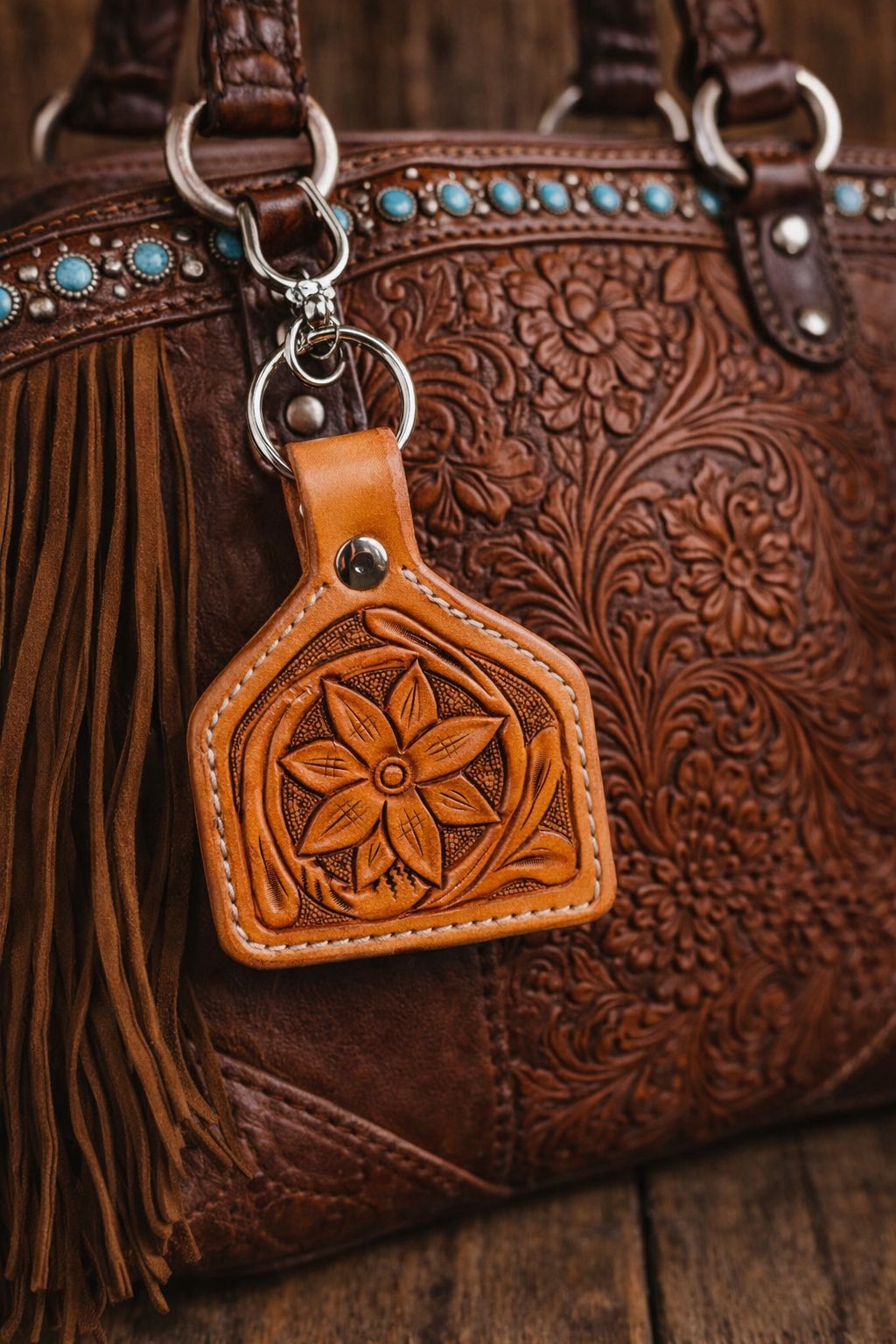 Flower Hand-Carved Leather Keychain