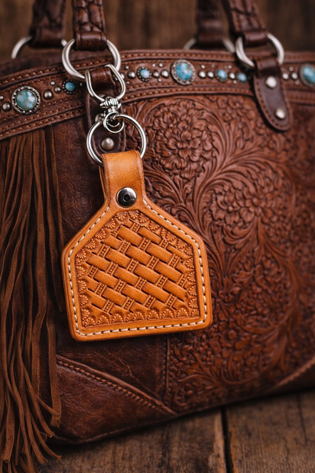 Dot Basket Stamped Leather Keychain