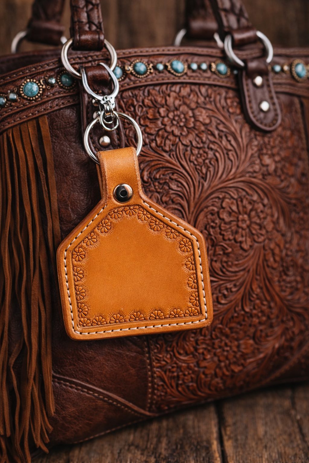 Stamped Border Leather Keychain