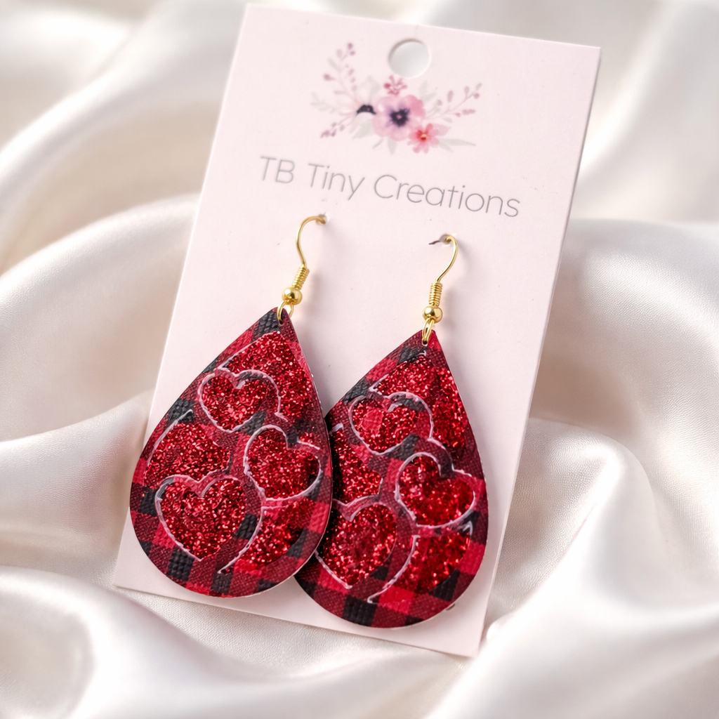 Three Glitter Heart Faux Leather Earrings