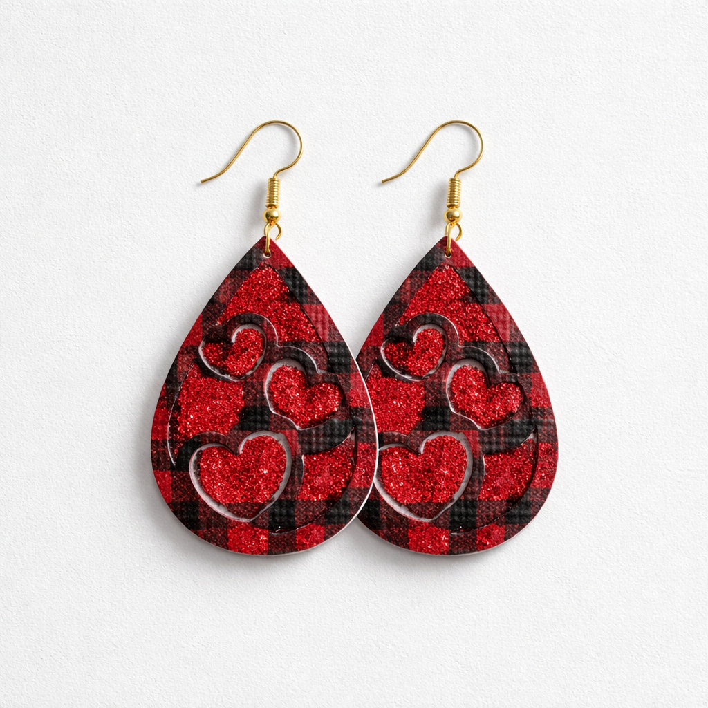 Three Glitter Heart Faux Leather Earrings