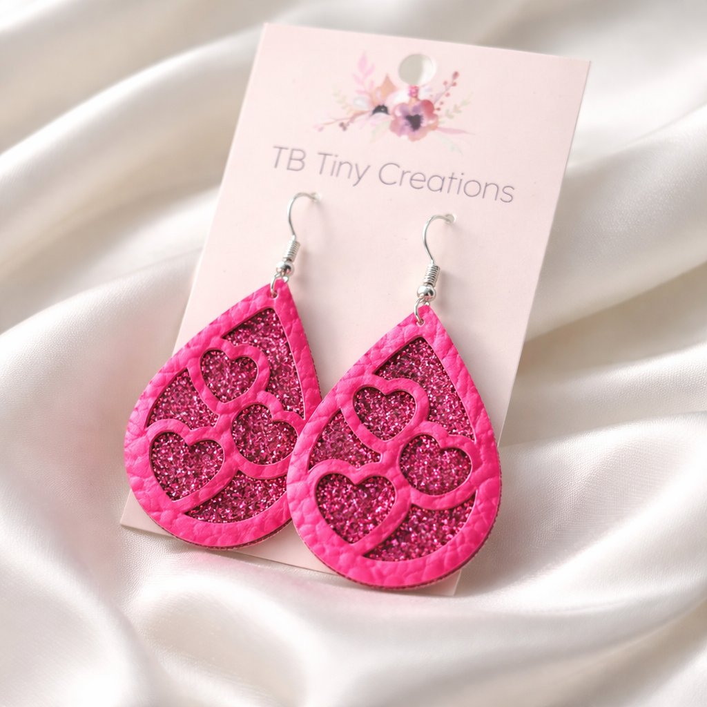 Three Glitter Heart Faux Leather Earrings