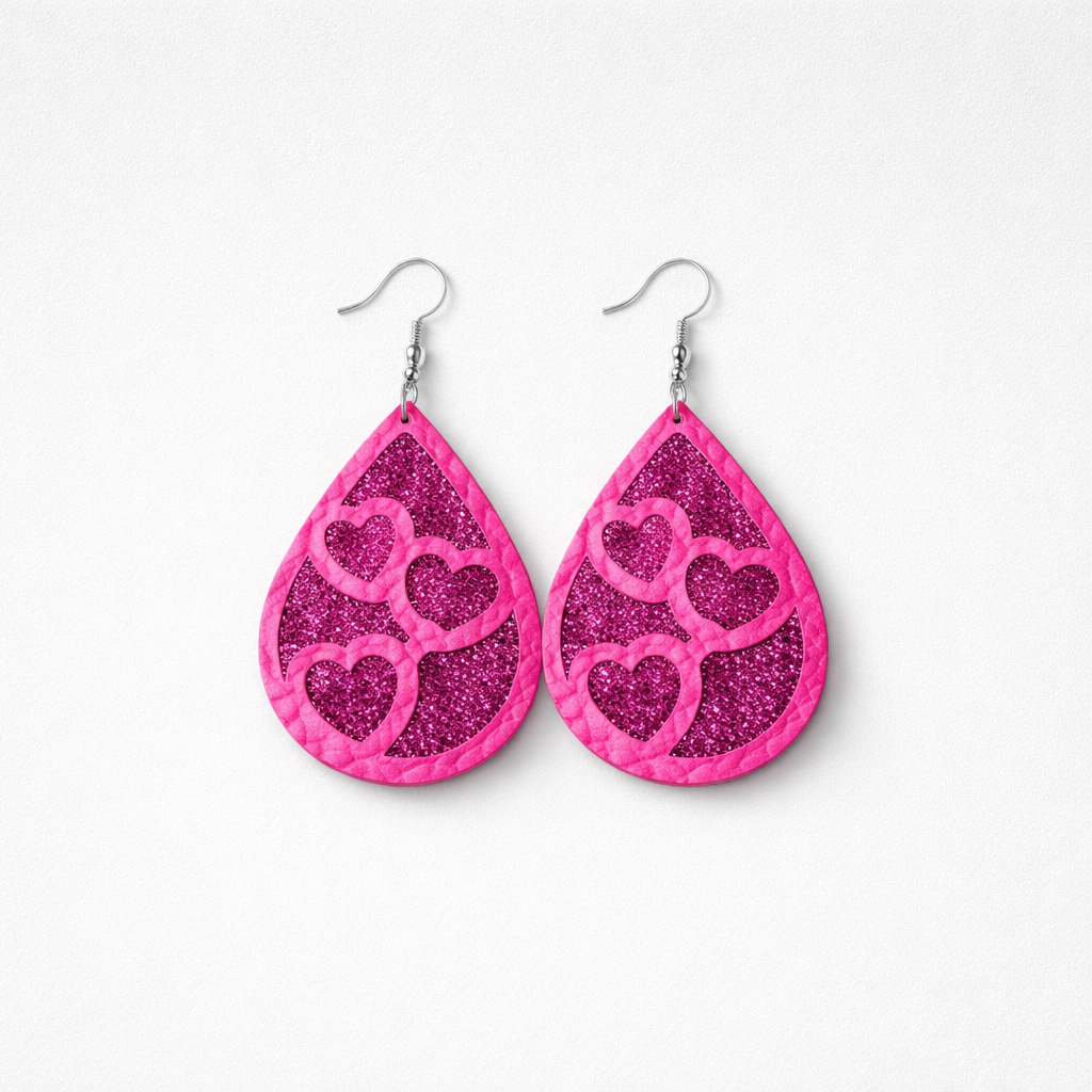 Three Glitter Heart Faux Leather Earrings
