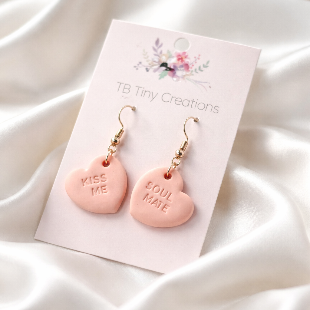 Pink Conversation Candy Heart Clay Earrings