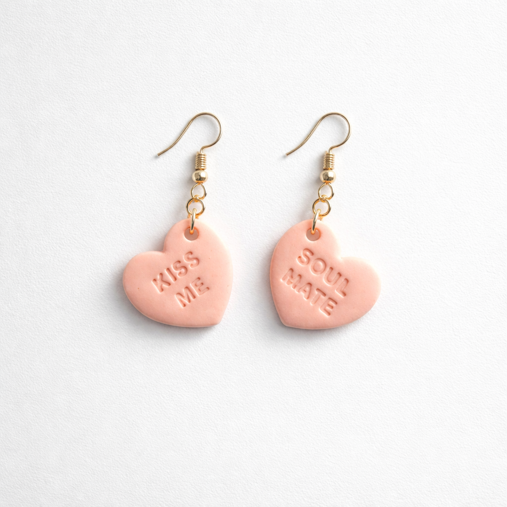 Pink Conversation Candy Heart Clay Earrings