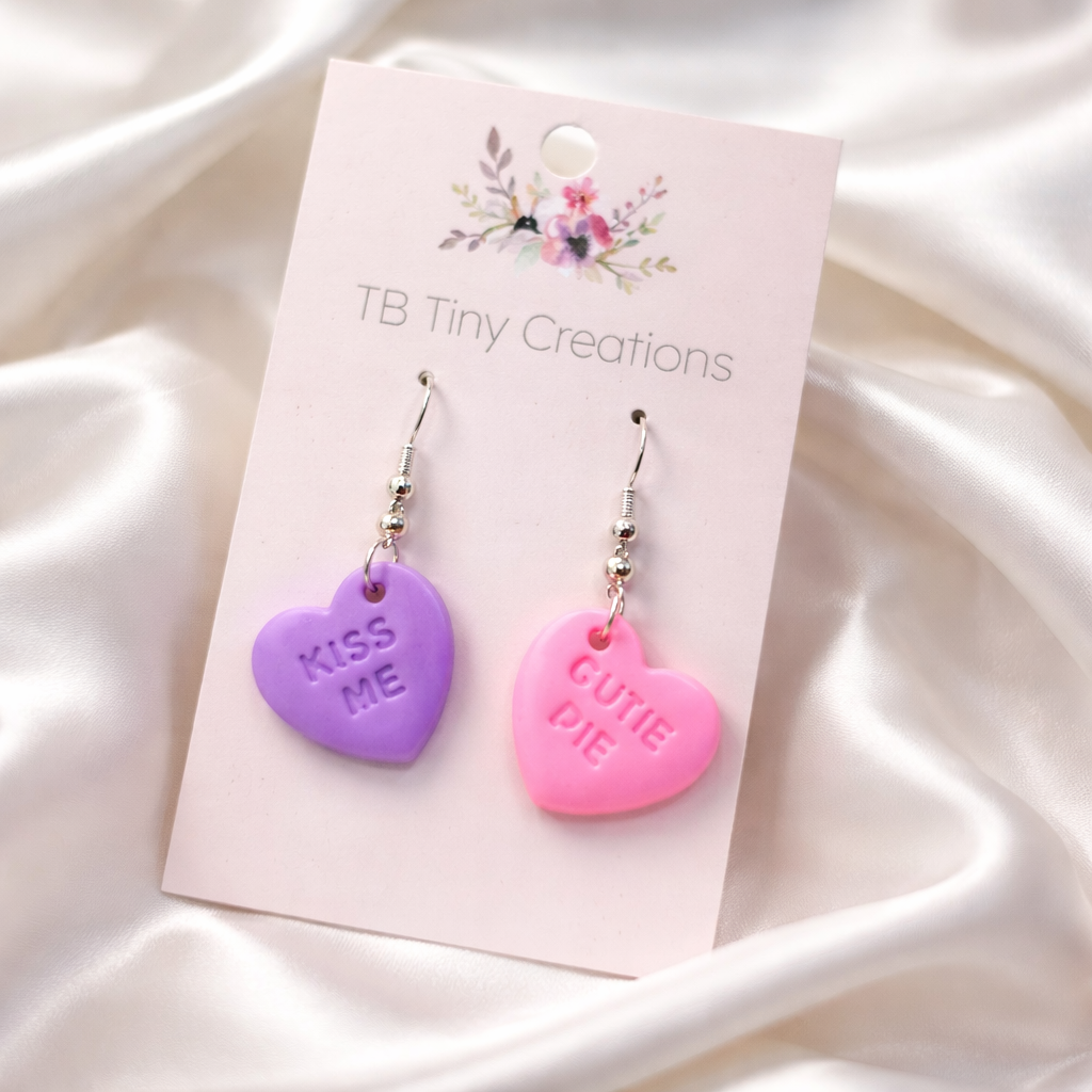 Purple & Pink Conversation Candy Heart Clay Earrings