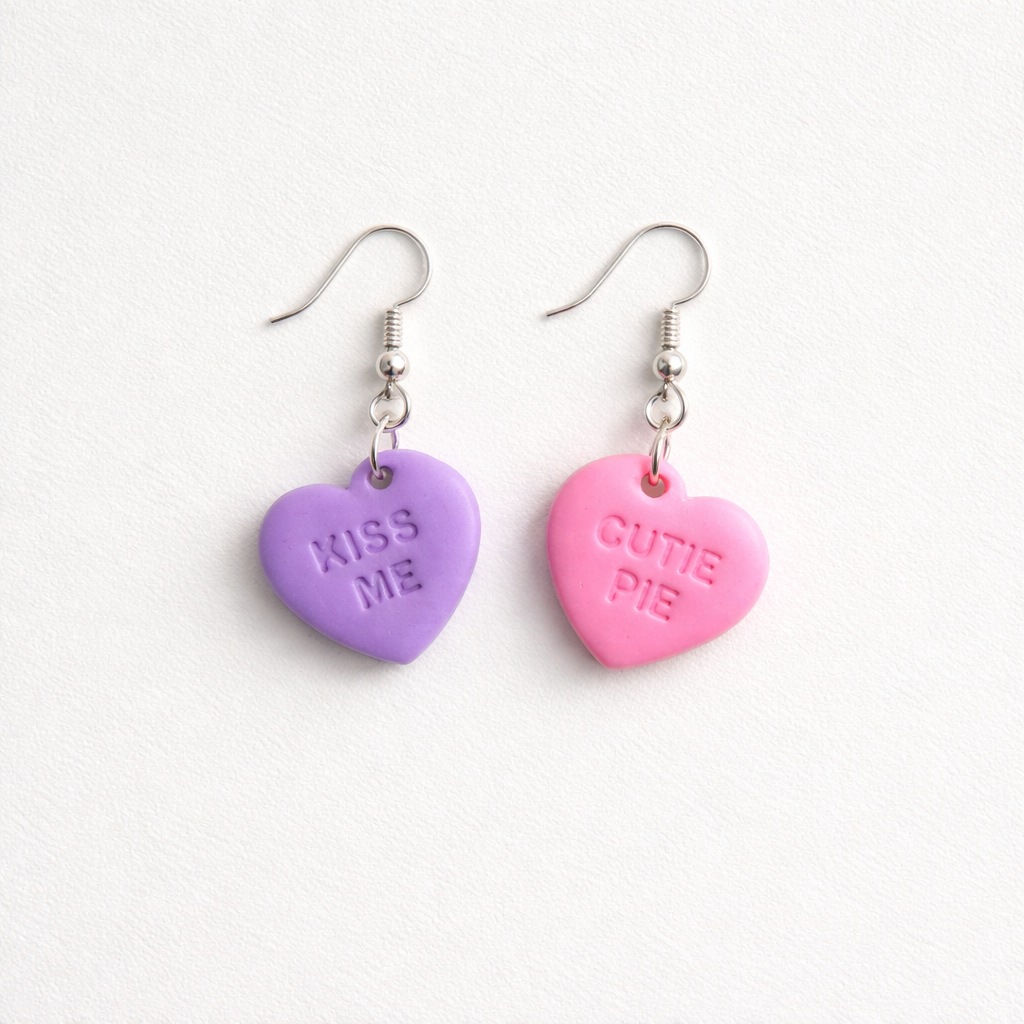 Purple & Pink Conversation Candy Heart Clay Earrings