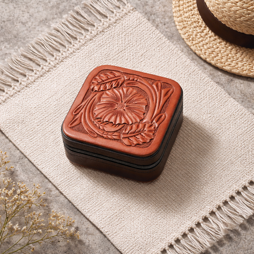 Hand-Carved Leather Travel Jewelry Boxes