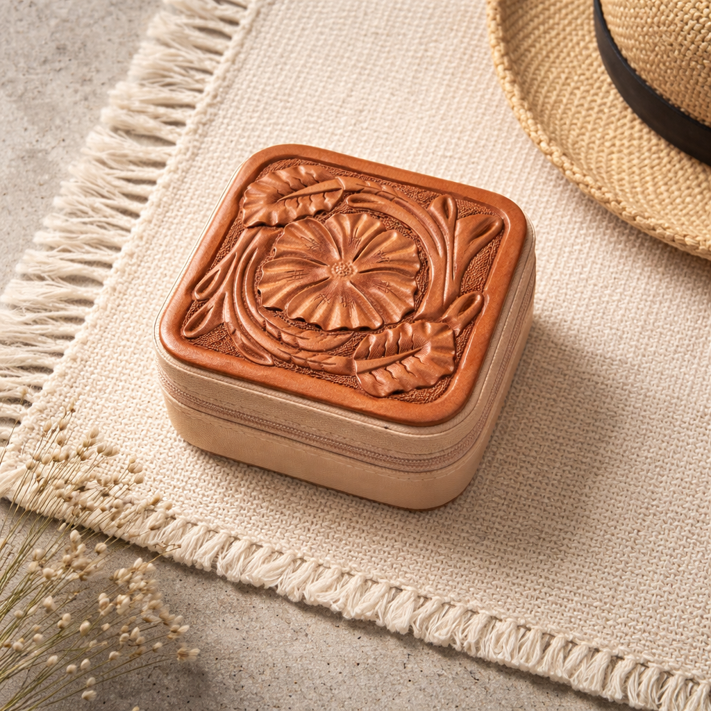 Hand-Carved Leather Travel Jewelry Boxes