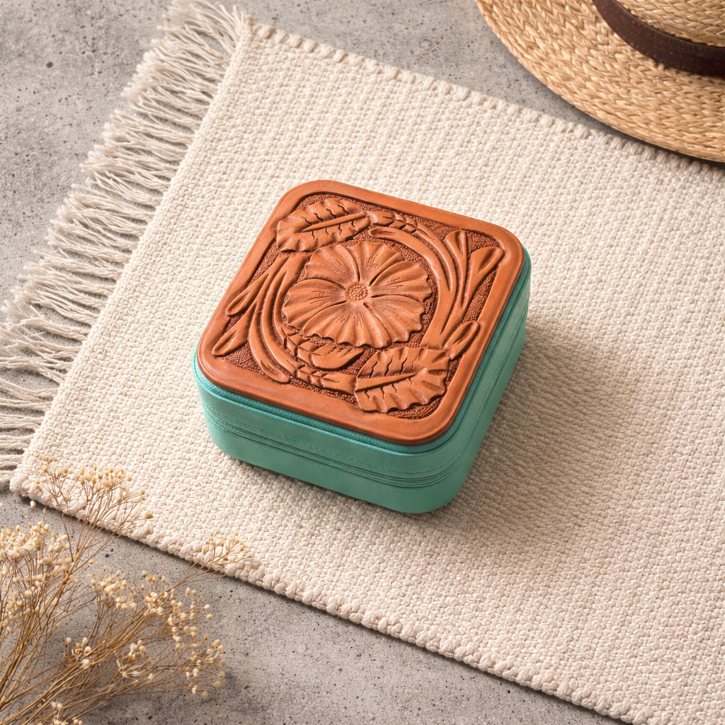 Hand-Carved Leather Travel Jewelry Boxes
