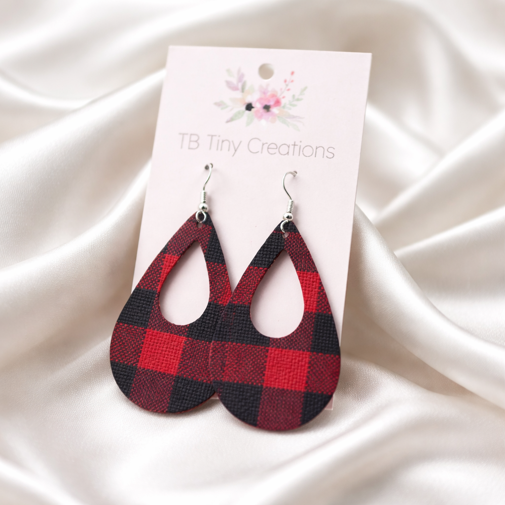 Black & Red Plaid Faux Leather Earrings
