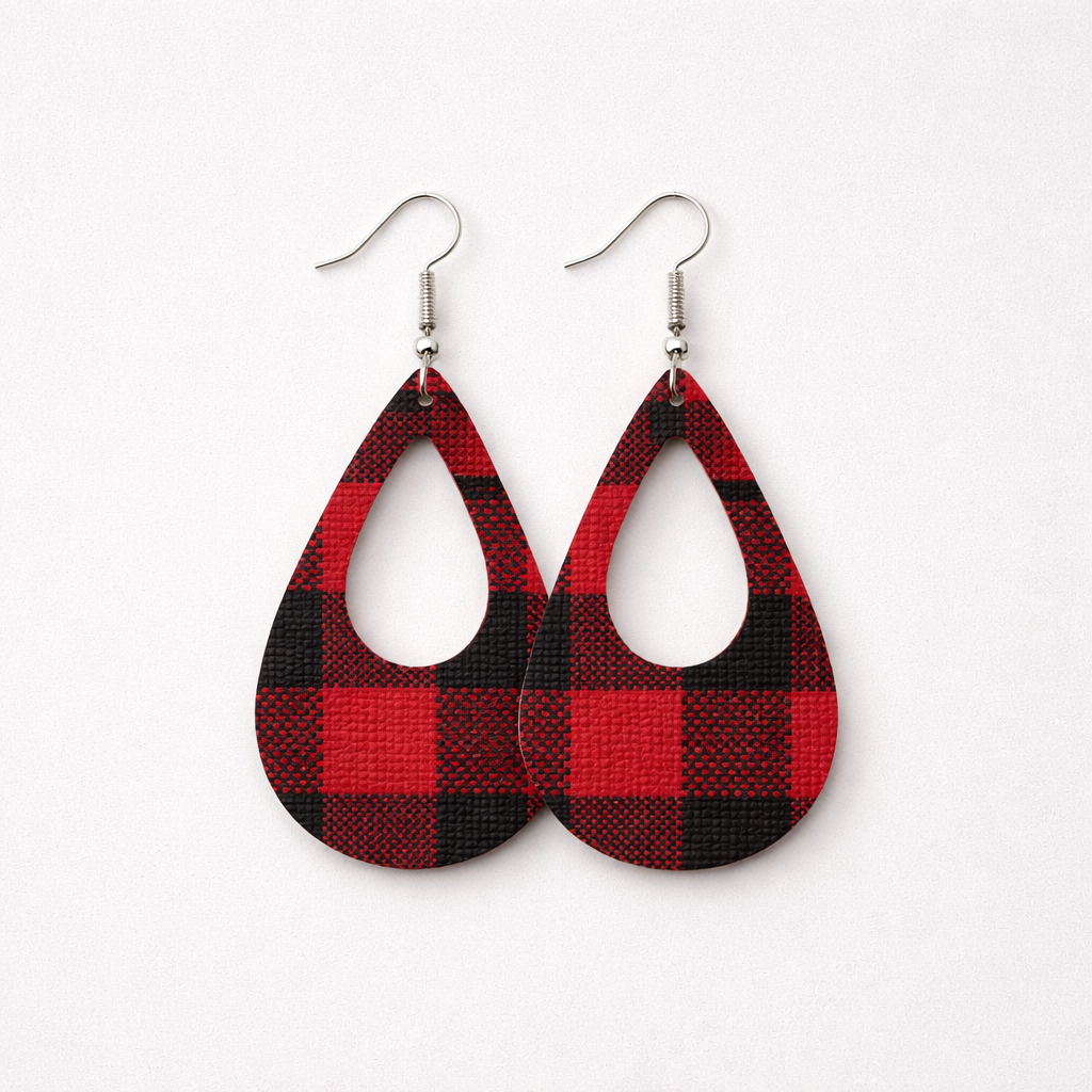 Black & Red Plaid Faux Leather Earrings
