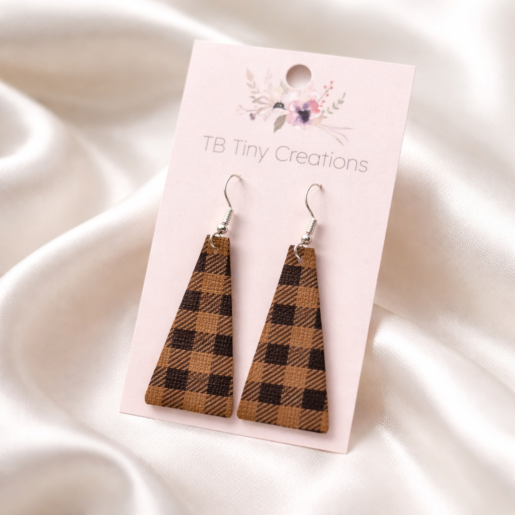 Elongated Plaid Triangle Faux Leather Earrings