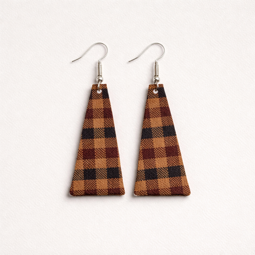 Elongated Plaid Triangle Faux Leather Earrings