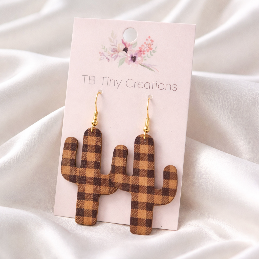 Plaid Cactus Faux Leather Earrings