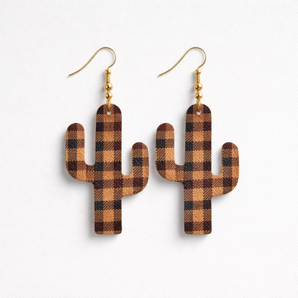 Plaid Cactus Faux Leather Earrings
