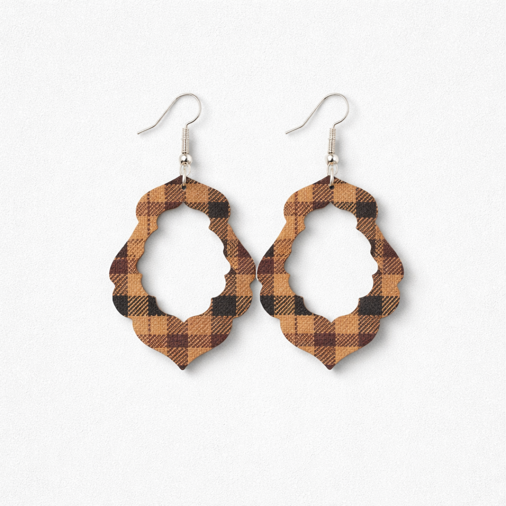 Brown Plaid Faux Leather Earrings