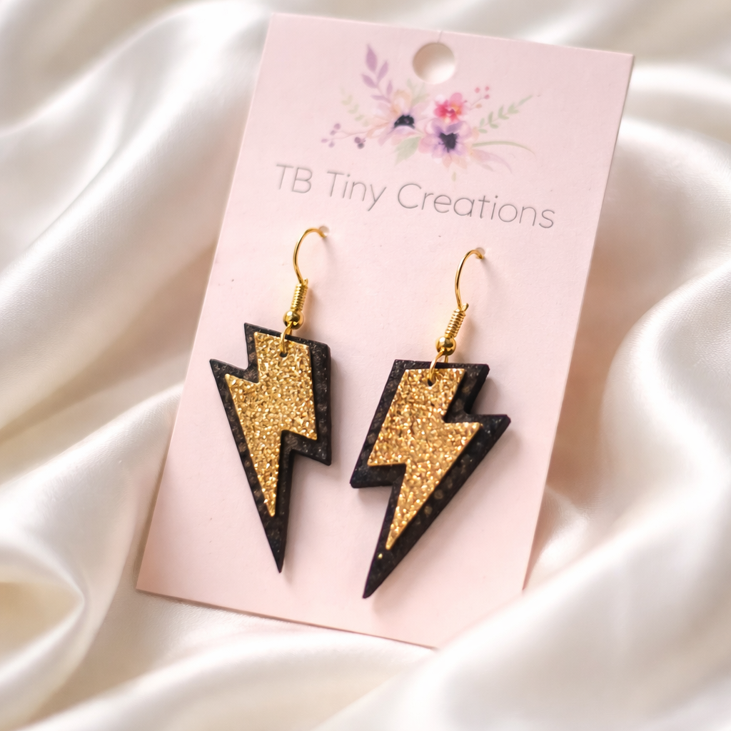 Black & Gold Glitter Lightning Bolt Faux Leather Earrings