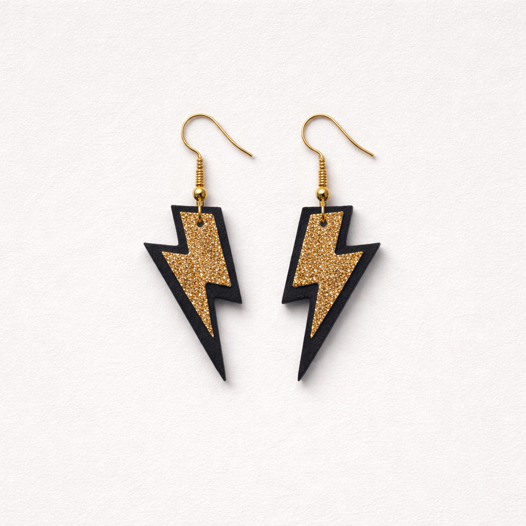 Black & Gold Glitter Lightning Bolt Faux Leather Earrings