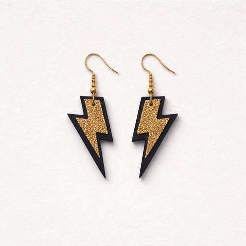 Black & Gold Glitter Lightning Bolt Faux Leather Earrings