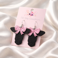 Black Cow with Pink Glitter Bow Faux Leather Earrings