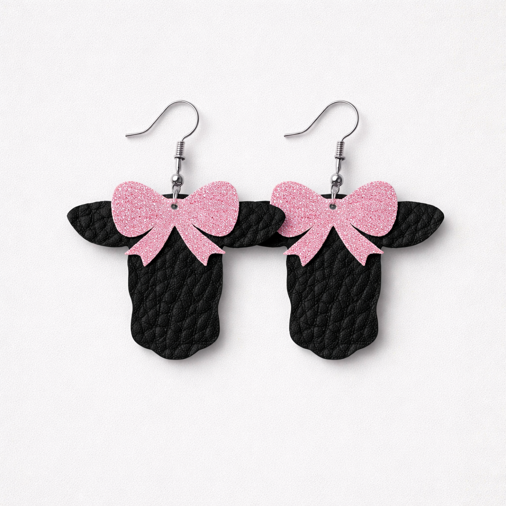 Black Cow with Pink Glitter Bow Faux Leather Earrings