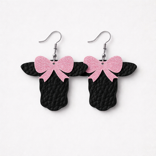 Black Cow with Pink Glitter Bow Faux Leather Earrings