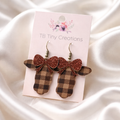 Dark Brown Plaid Cow with Brown Glitter Bow Faux Leather Earrings
