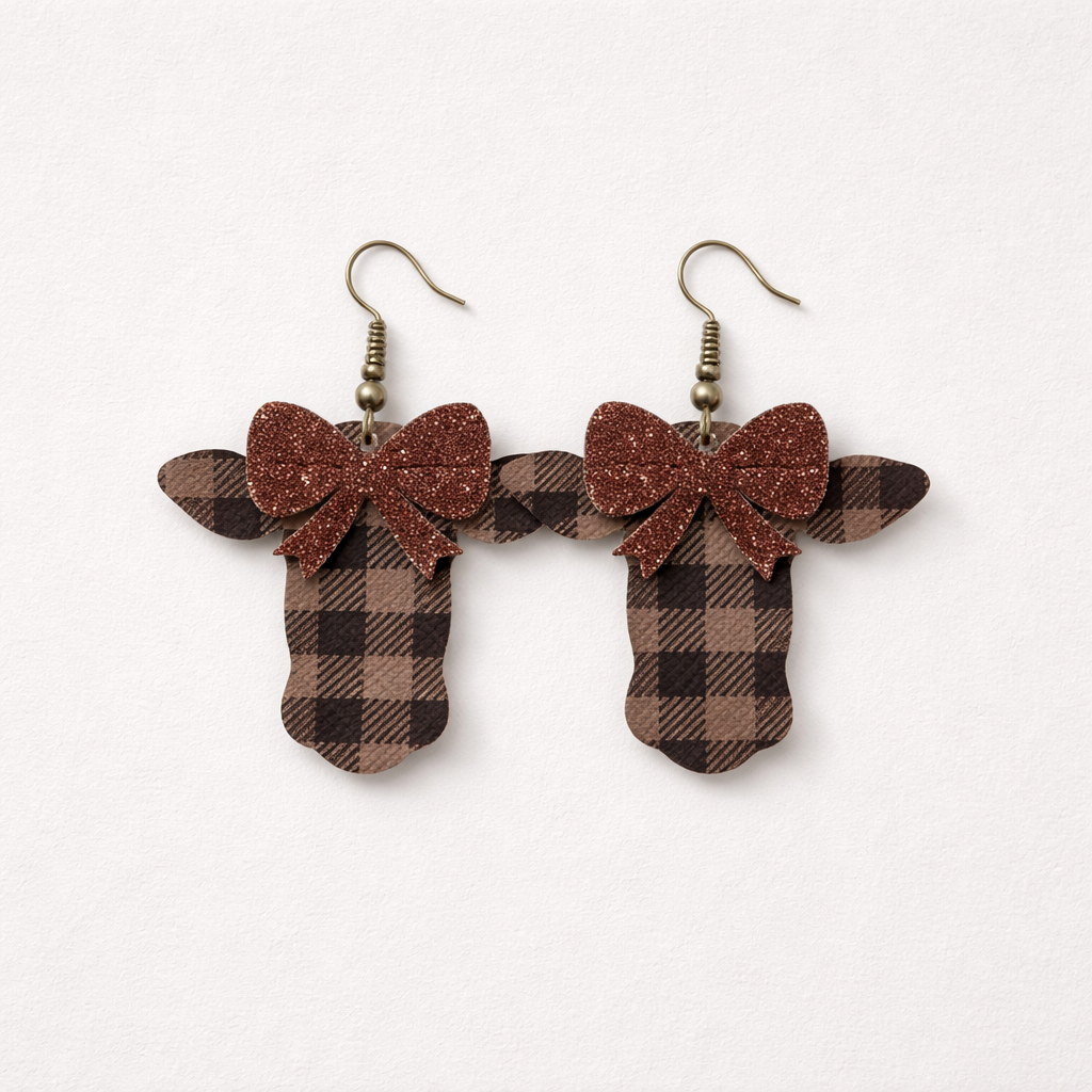 Dark Brown Plaid Cow with Brown Glitter Bow Faux Leather Earrings