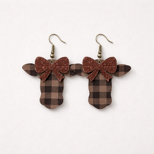 Dark Brown Plaid Cow with Brown Glitter Bow Faux Leather Earrings