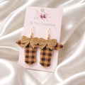Light Brown Plaid Cow with Gold Glitter Bow Faux Leather Earrings