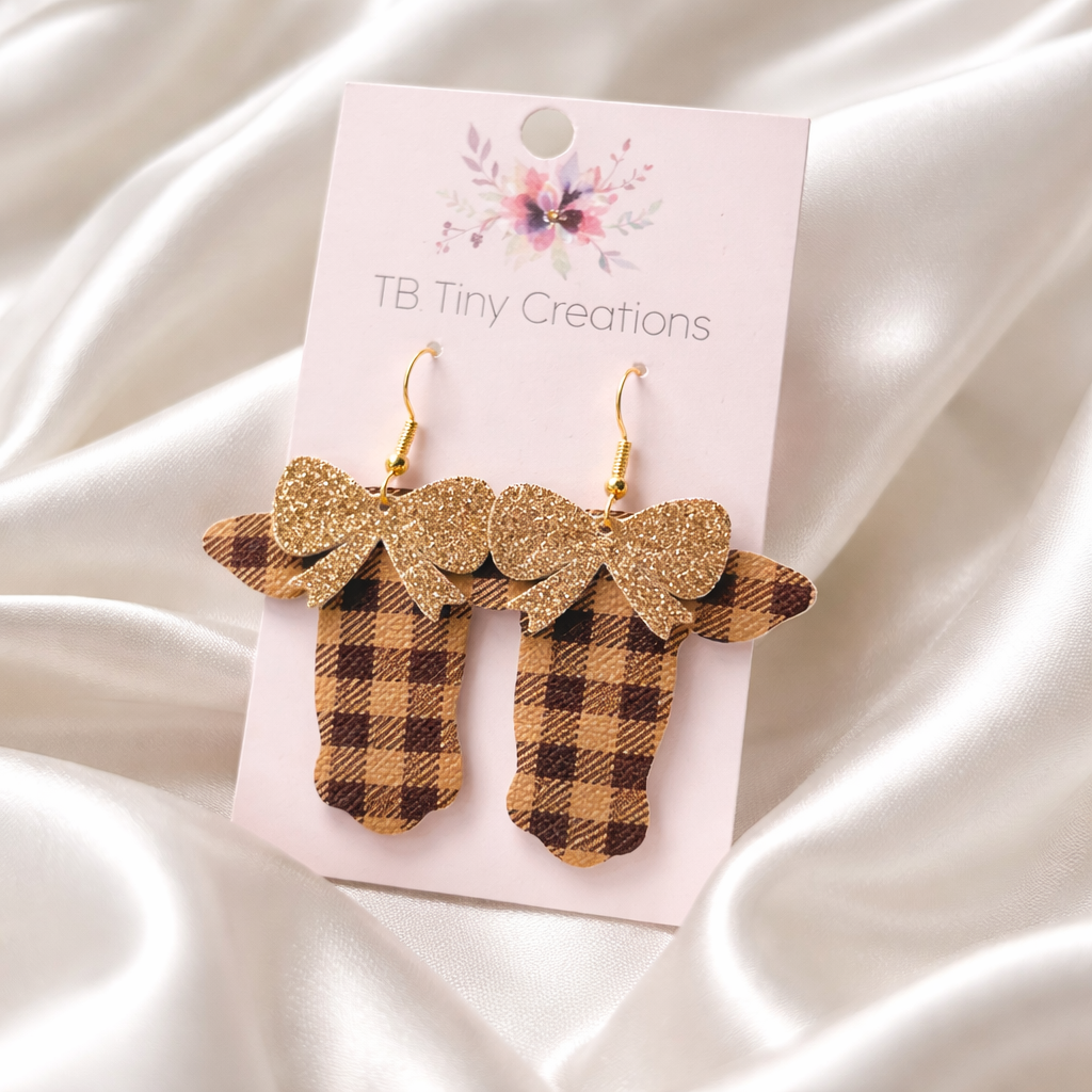 Light Brown Plaid Cow with Gold Glitter Bow Faux Leather Earrings