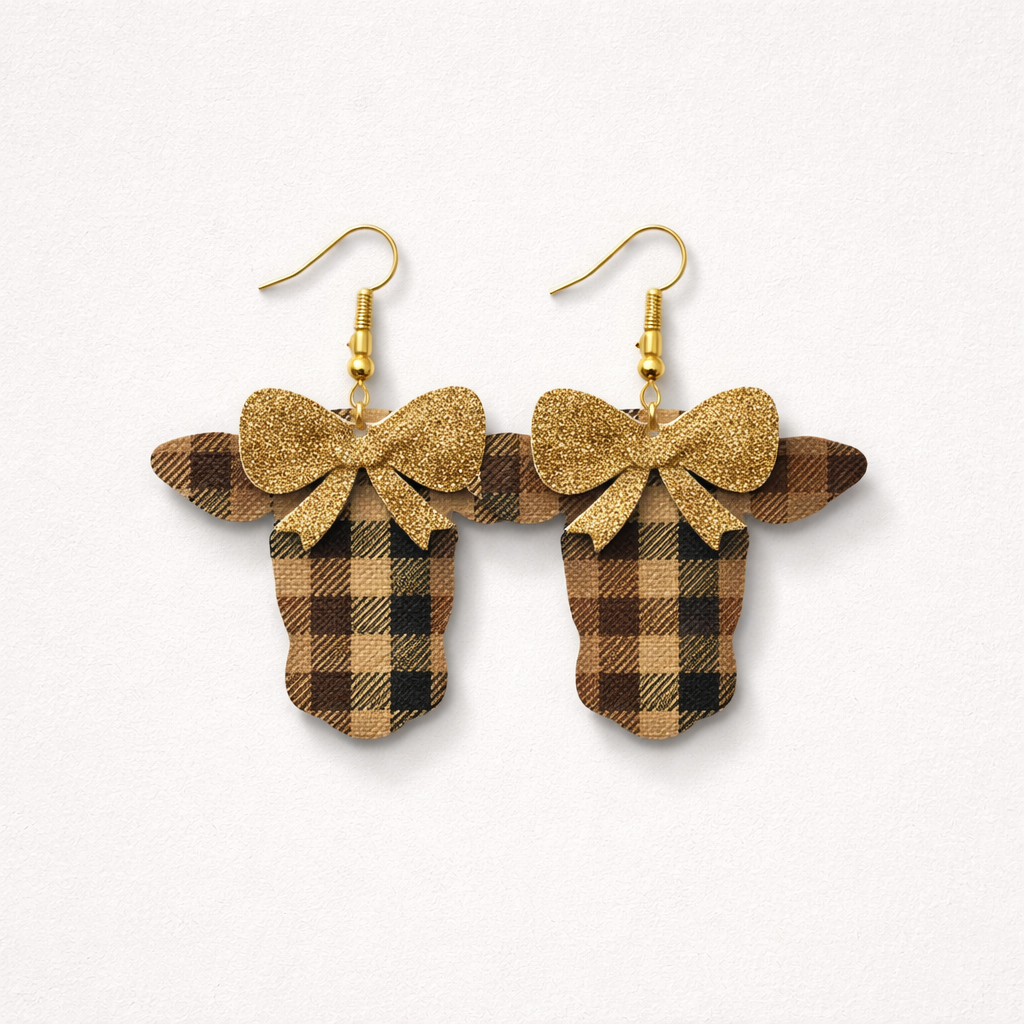 Light Brown Plaid Cow with Gold Glitter Bow Faux Leather Earrings
