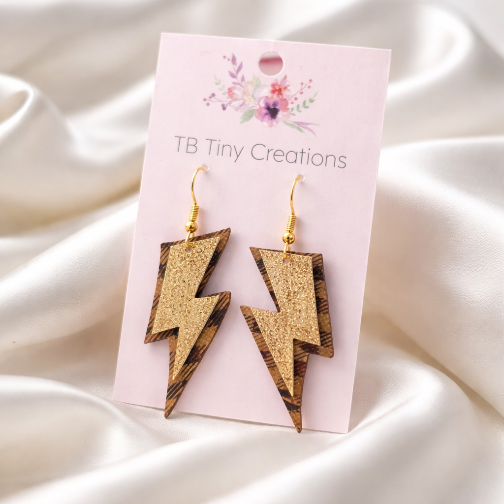 Light Brown Plaid with Gold Lightning Bolt Faux Leather Earrings