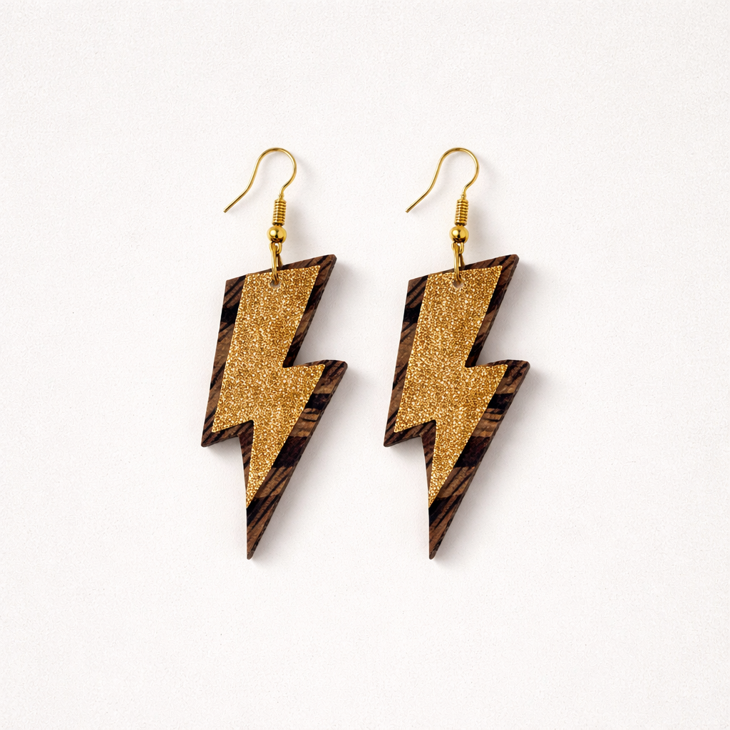 Light Brown Plaid with Gold Lightning Bolt Faux Leather Earrings