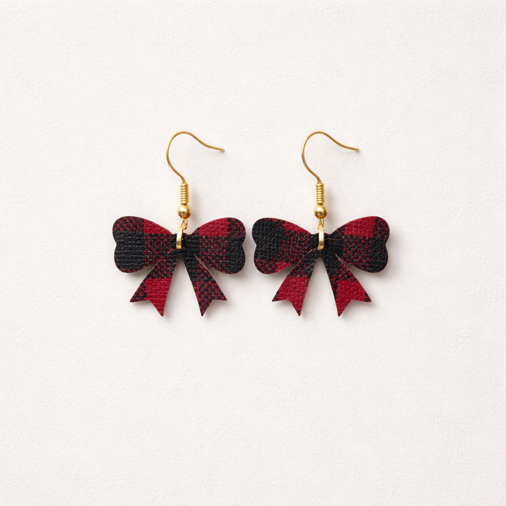 Red & Back Plaid Bow Faux Leather Earrings
