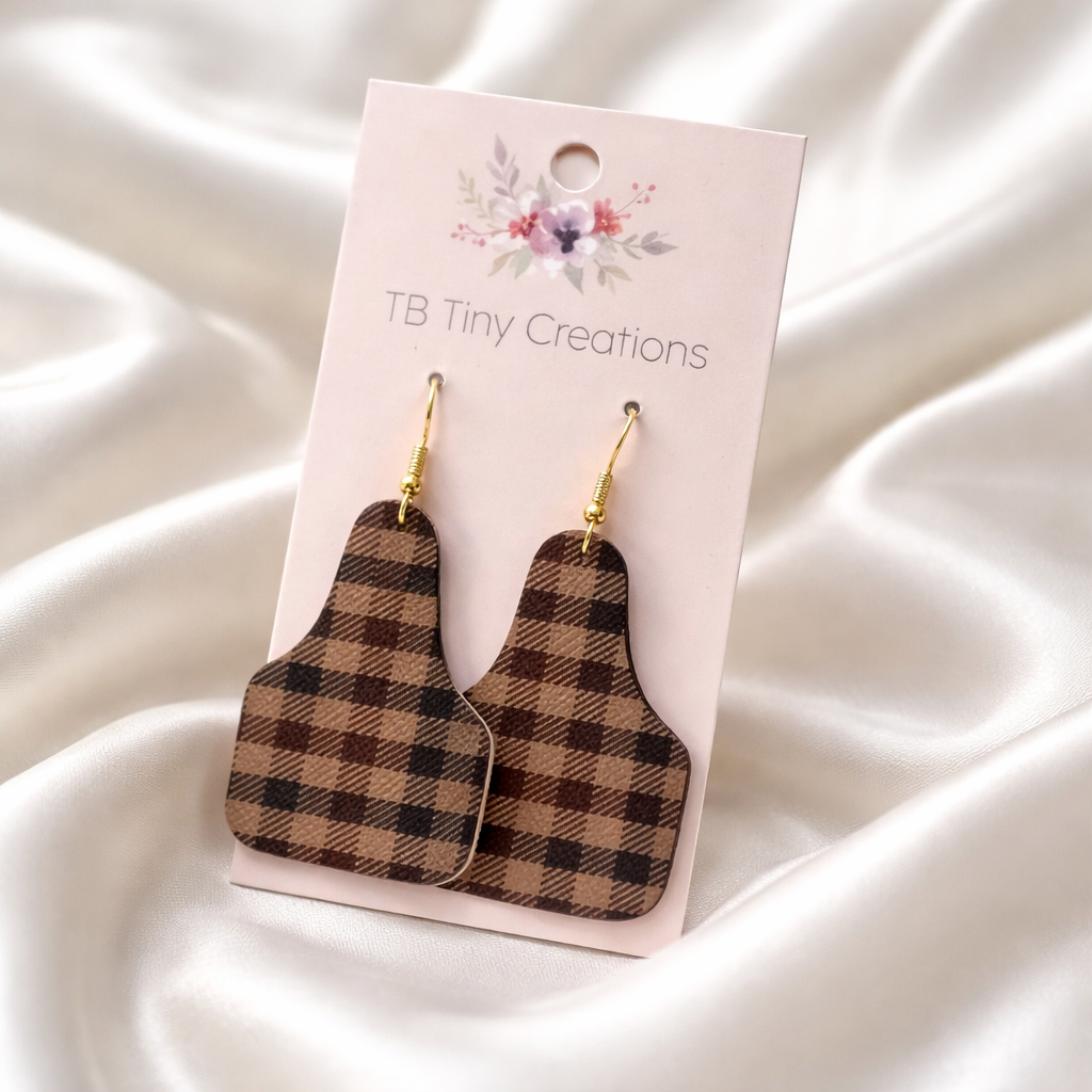 Dark Brown Plaid Ear Tag Faux Leather Earrings