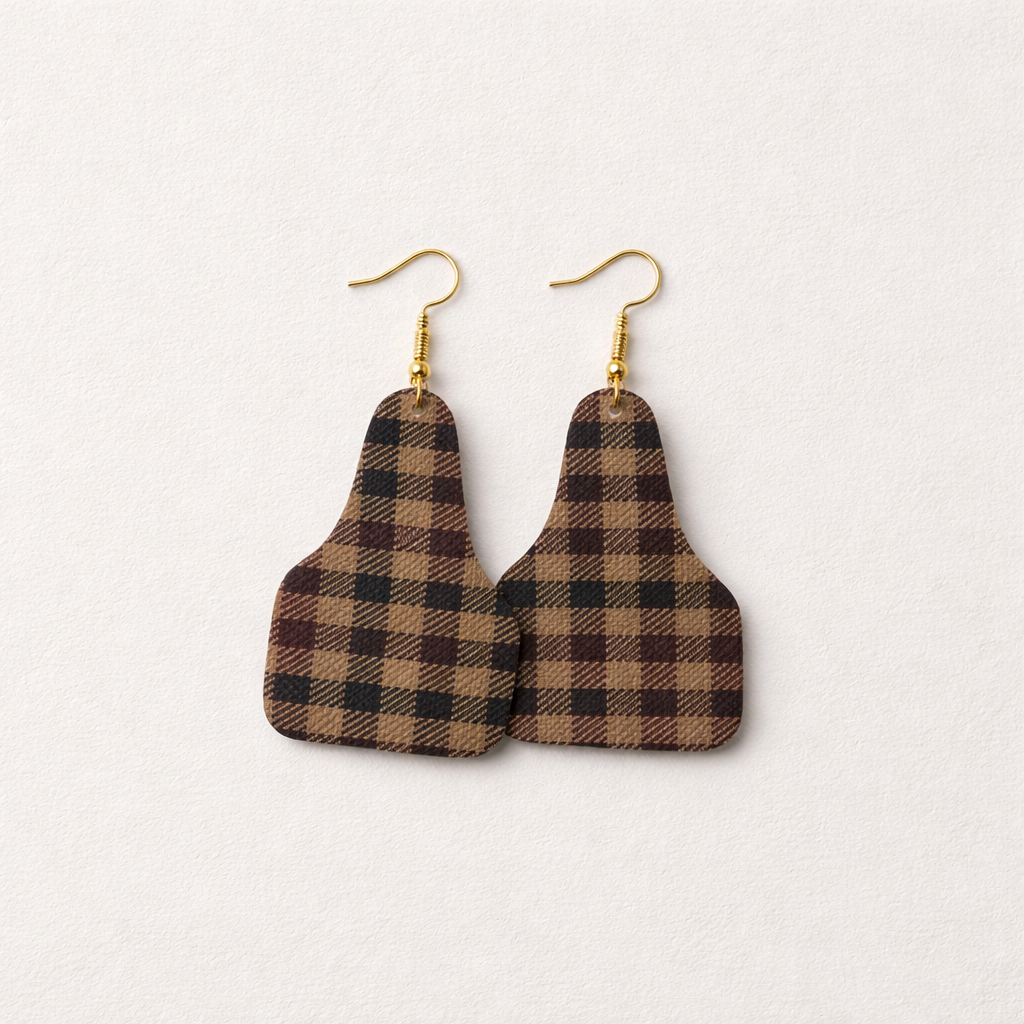 Dark Brown Plaid Ear Tag Faux Leather Earrings