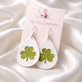 White & Light Green Shamrock Faux Leather Earrings