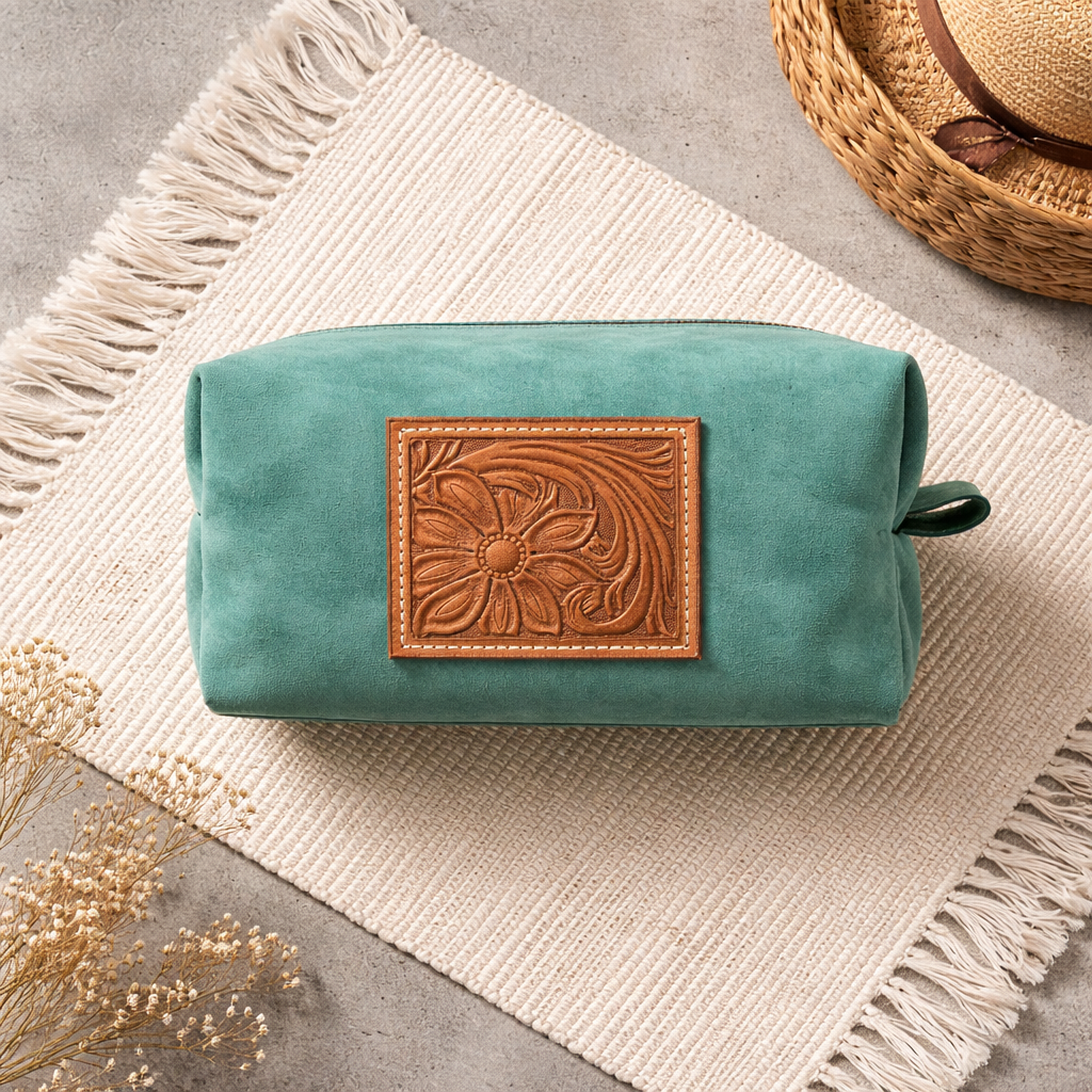 Turquoise Leather Travel Bag with Carved Patch