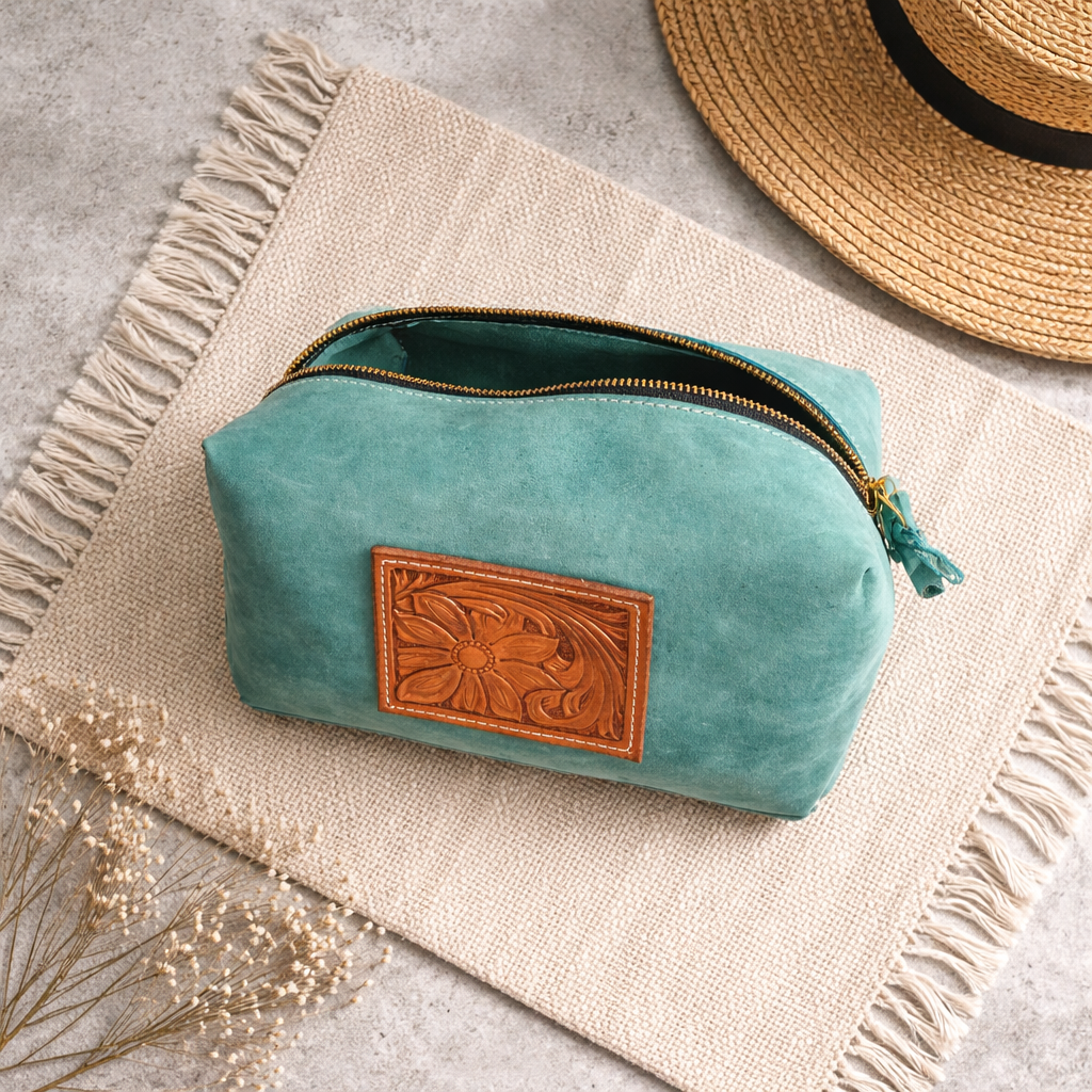 Turquoise Leather Travel Bag with Carved Patch