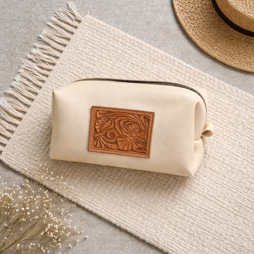 White Leather Travel Bag with Carved Patch