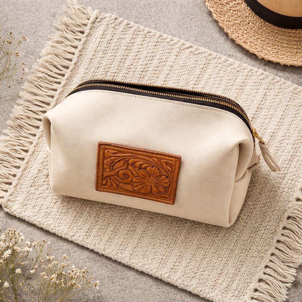 White Leather Travel Bag with Carved Patch