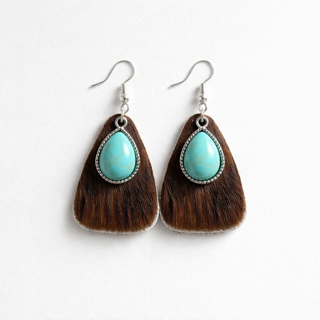 Rounded Triangle Cowhide Earrings with Turquoise Accents