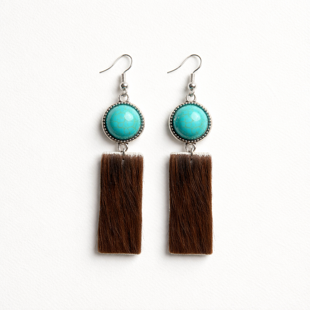 Rectangle Cowhide Earrings with Turquoise Accents
