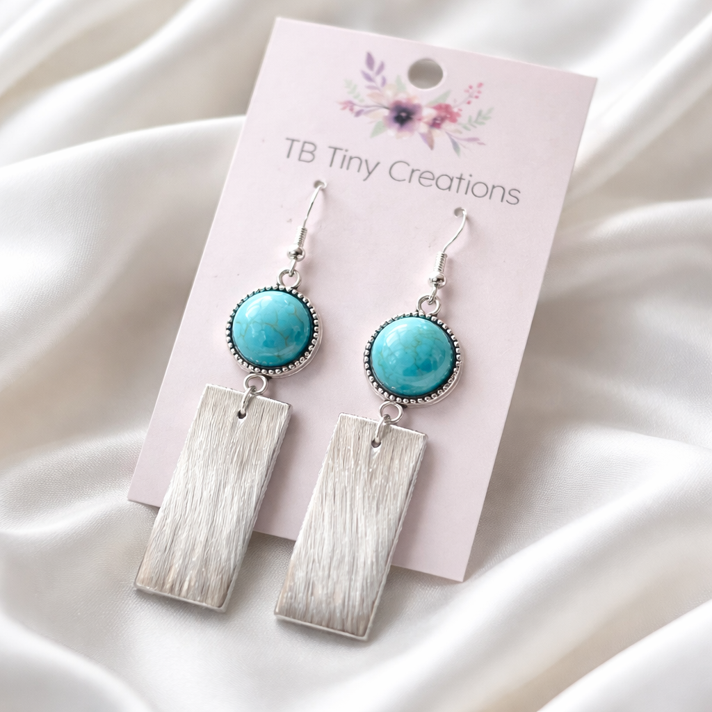 Rectangle Cowhide Earrings with Turquoise Accents