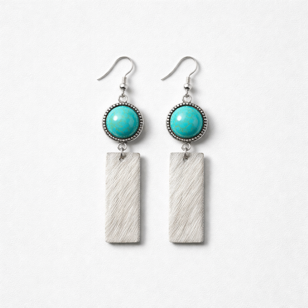 Rectangle Cowhide Earrings with Turquoise Accents