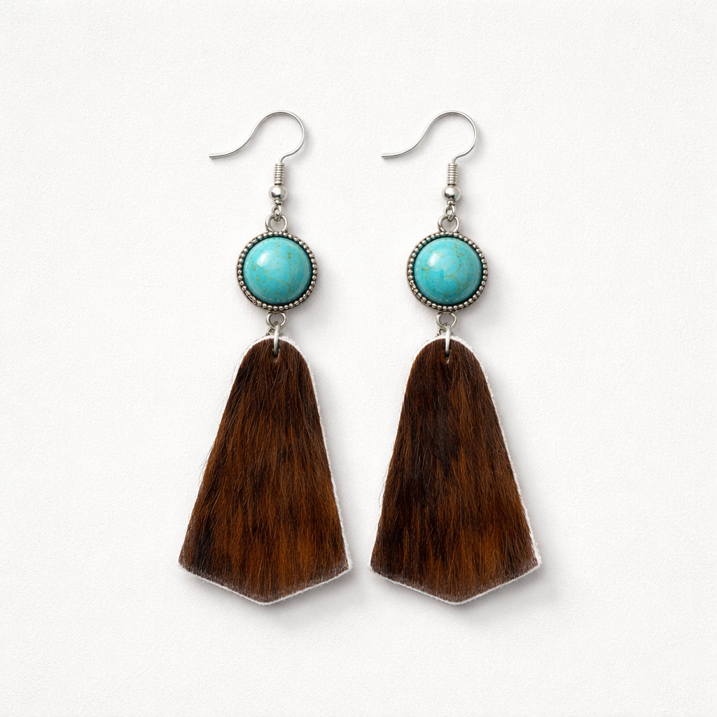 Bell Shaped Cowhide Earrings with Turquoise Accents