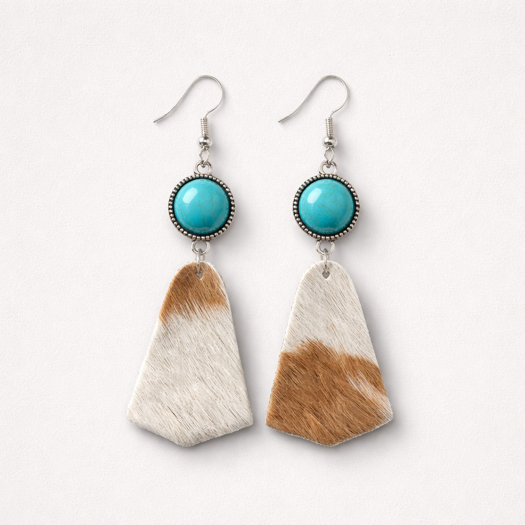Bell Shaped Cowhide Earrings with Turquoise Accents